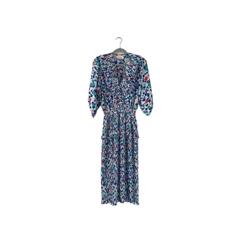 Vintage colorful ruffle and pleated midi dress size small
